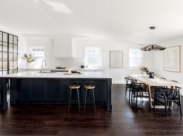 Open plan kitchen and dining with navy island