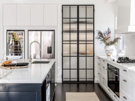 Fluted glass pantry door with black frame