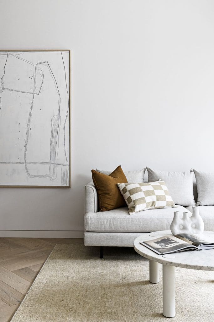 Contemporary living room with marble coffee table