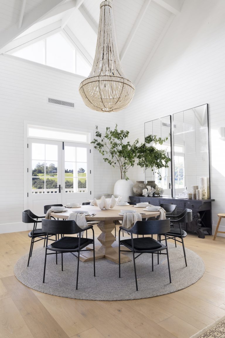 Dining room with large beaded pendant light