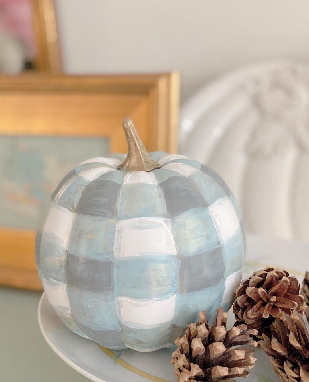 Gingham painted pumpkin _ _ Halloween home styling guide