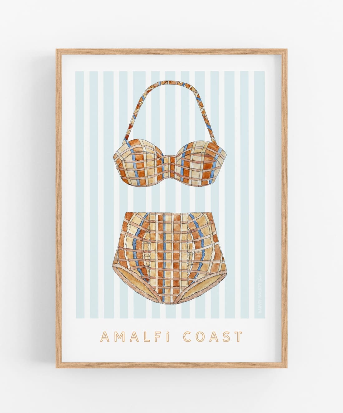 Vintage swimwear on blue striped background artwork