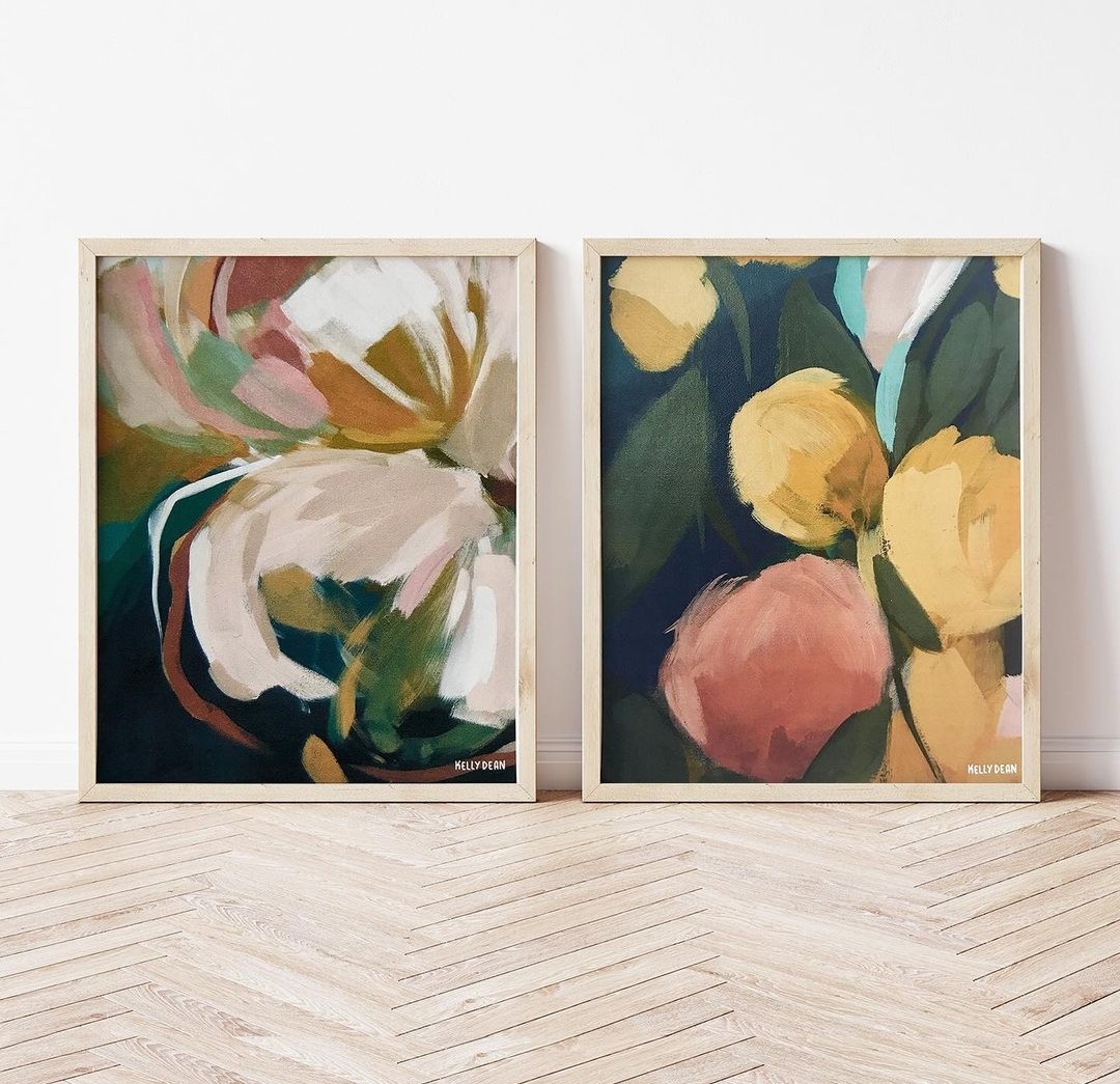 Kelly Dean abstract floral duo artworks