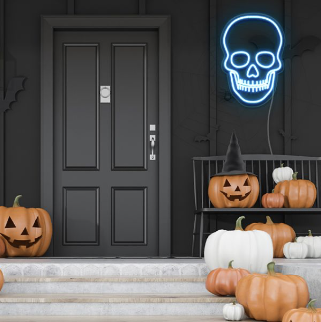 Add a modern spooky touch to your exterior Halloween styling with a neon light