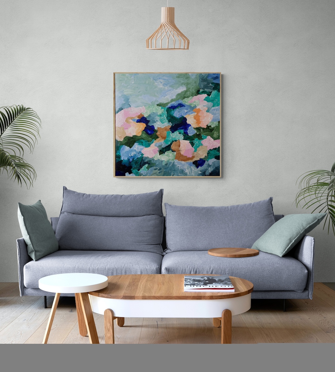 Abstract artwork hanging in living room by Lena B art