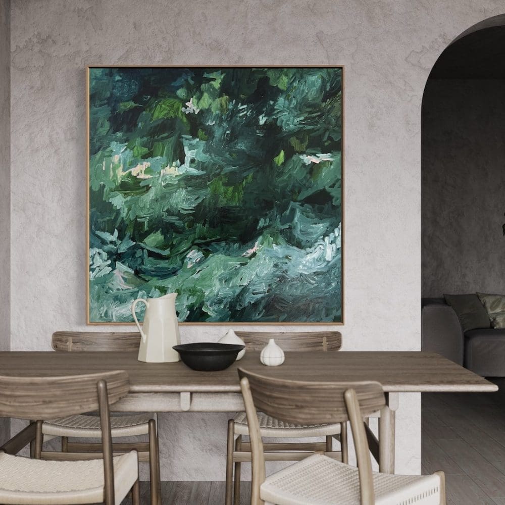 Lena B art green abstract art in dining room