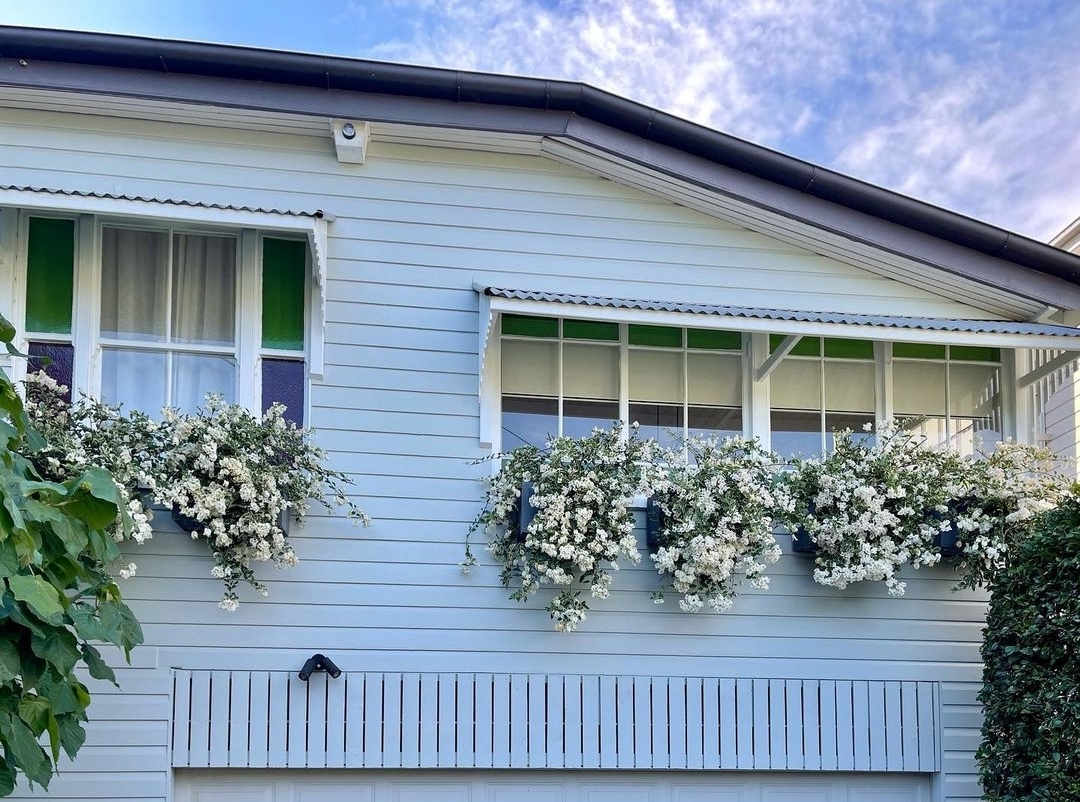 Queenslander house with white flowers in window boxes