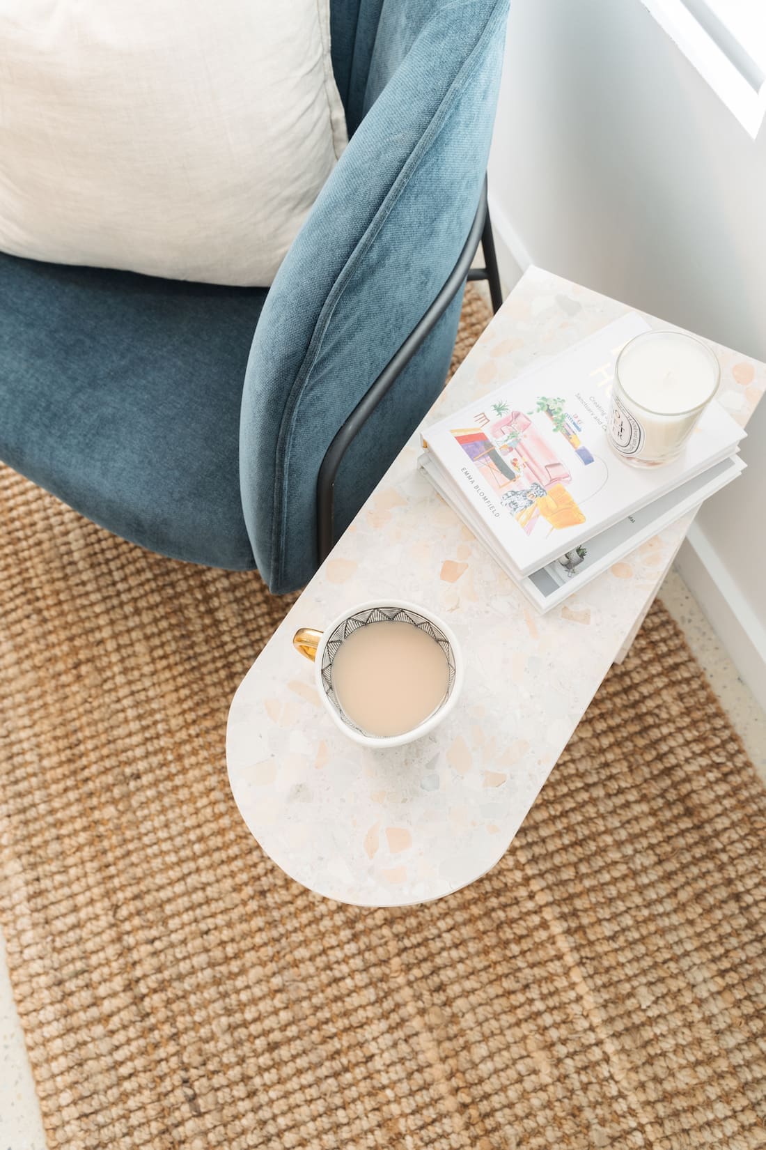 Stone side table in reading nook