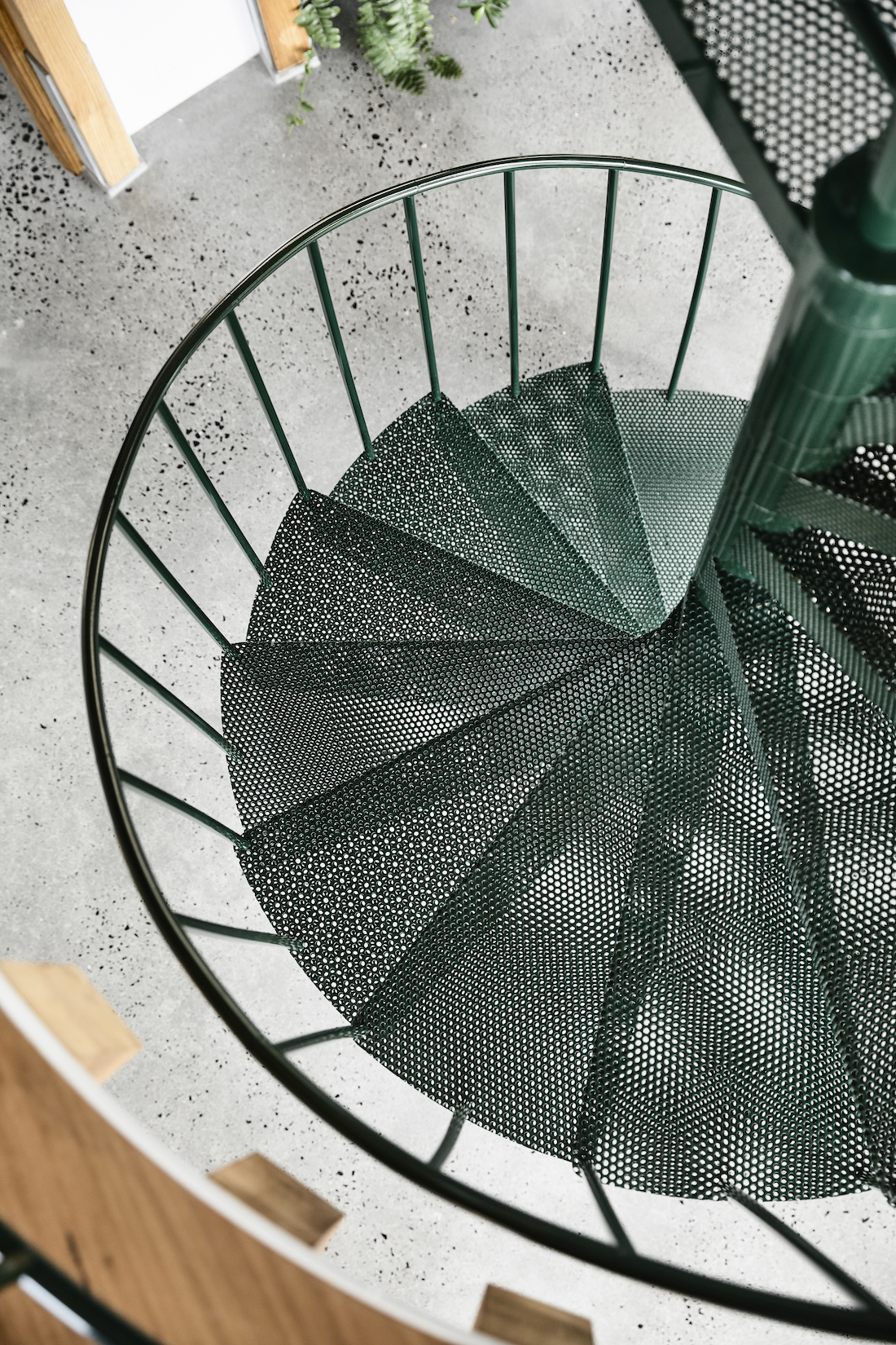 Green honeycomb spiral staircase