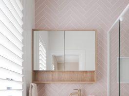 Pink herringbone tile ensuite