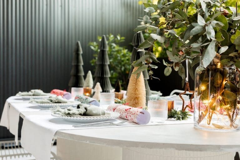 Bronze and olive green outdoor Christmas table setting SC