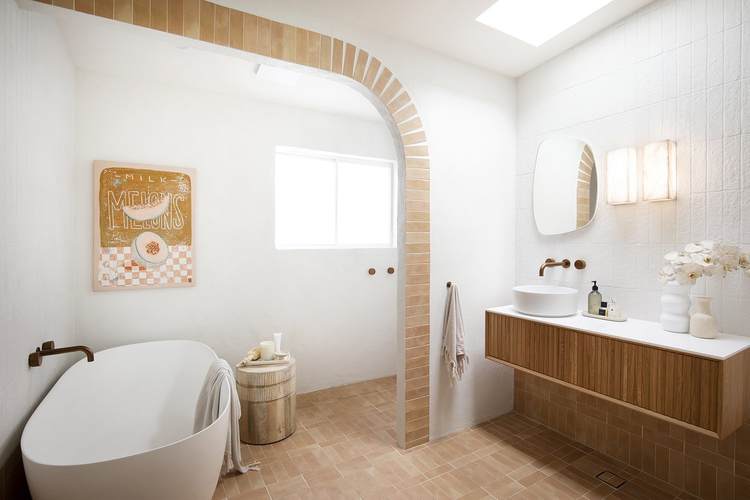 terracotta floor in white bathroom