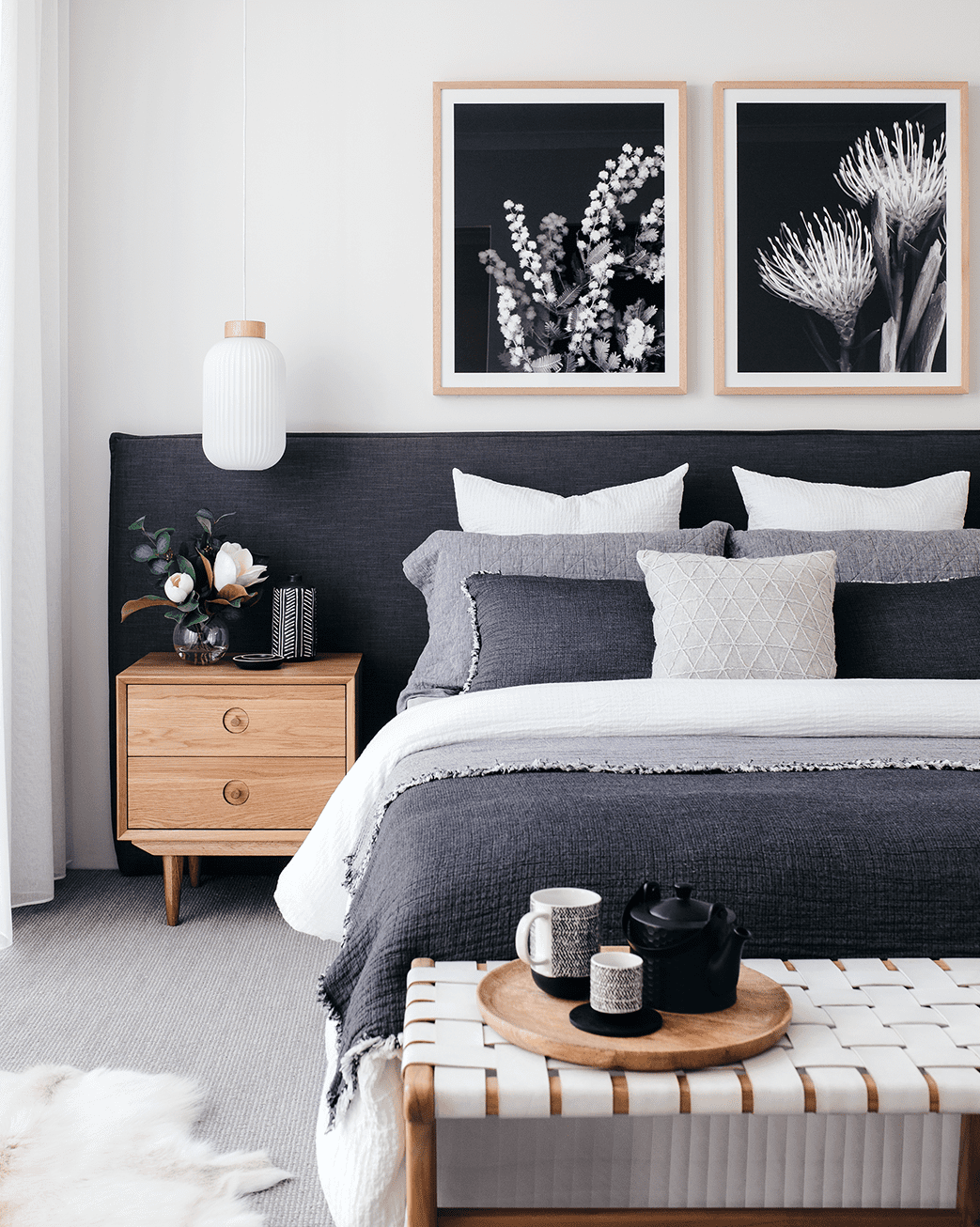 White bedding in master bedroom