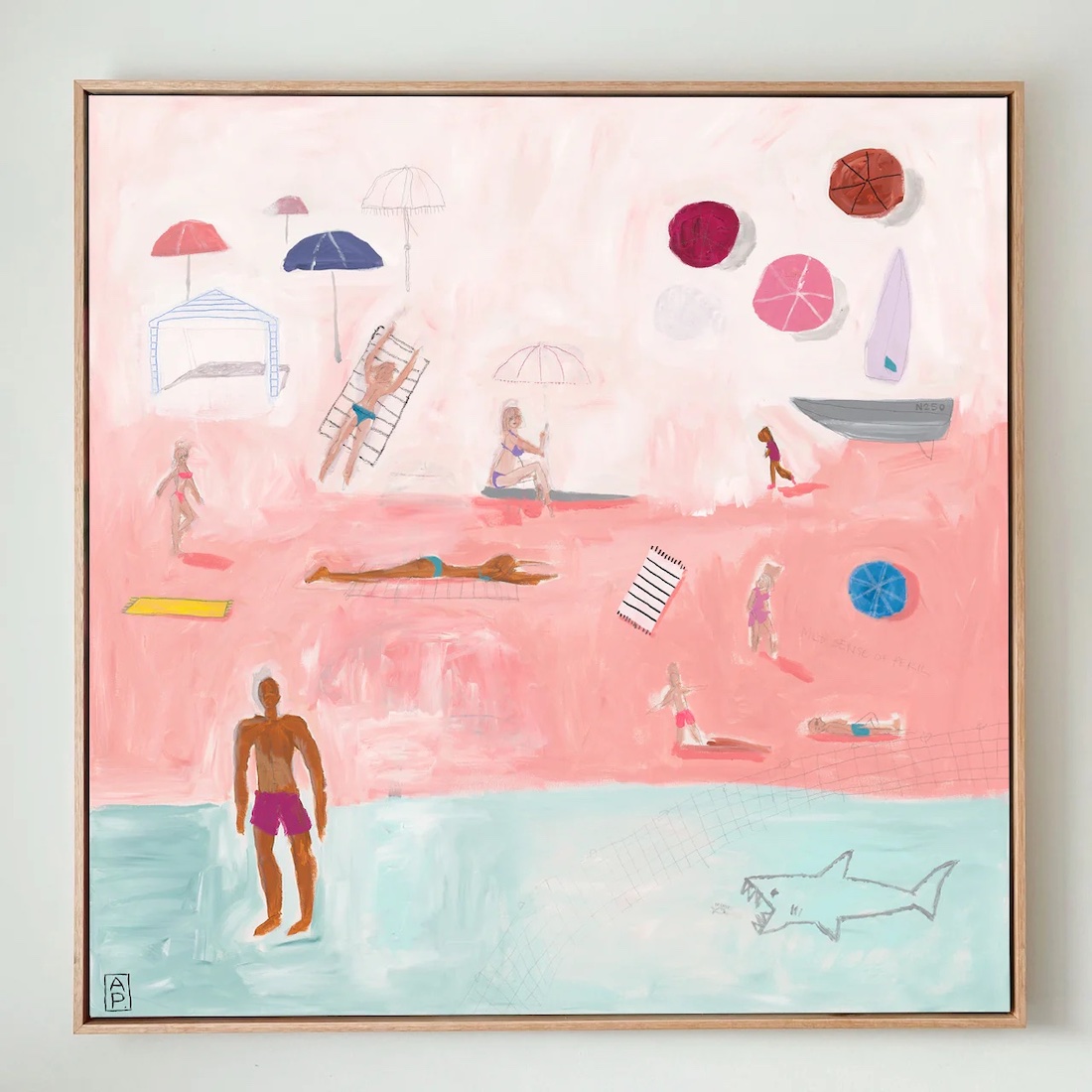 Beach artwork in pinks and blues by Anna Price