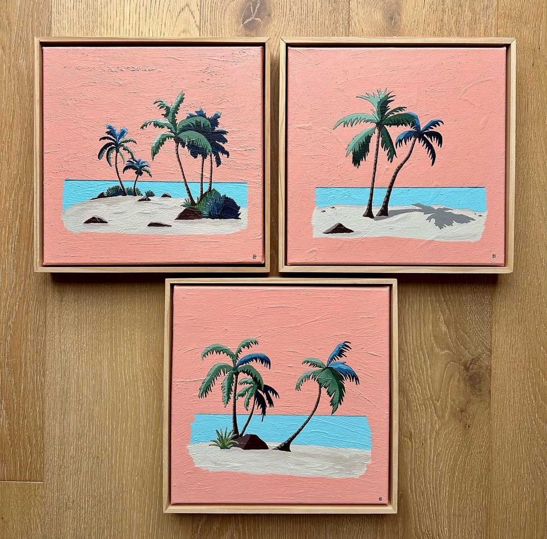 Trio of palm tree island paintings by Catherine Hayler