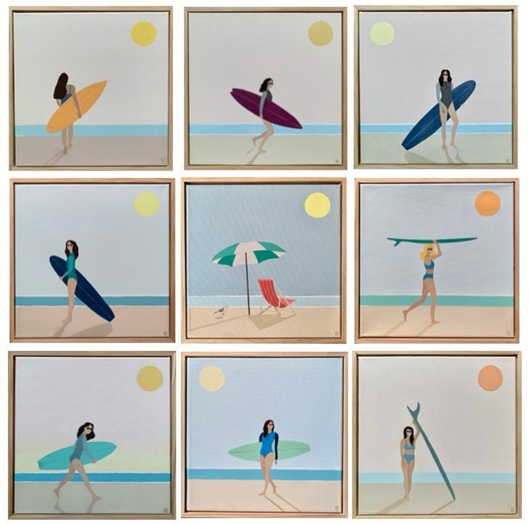 Series of surfer and beach inspired artwork by Catherine Hayler