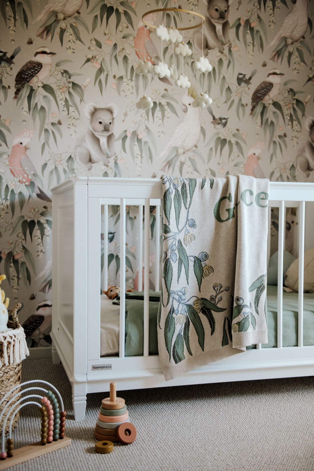 Australian animal wallpaper in gender neutral nursery