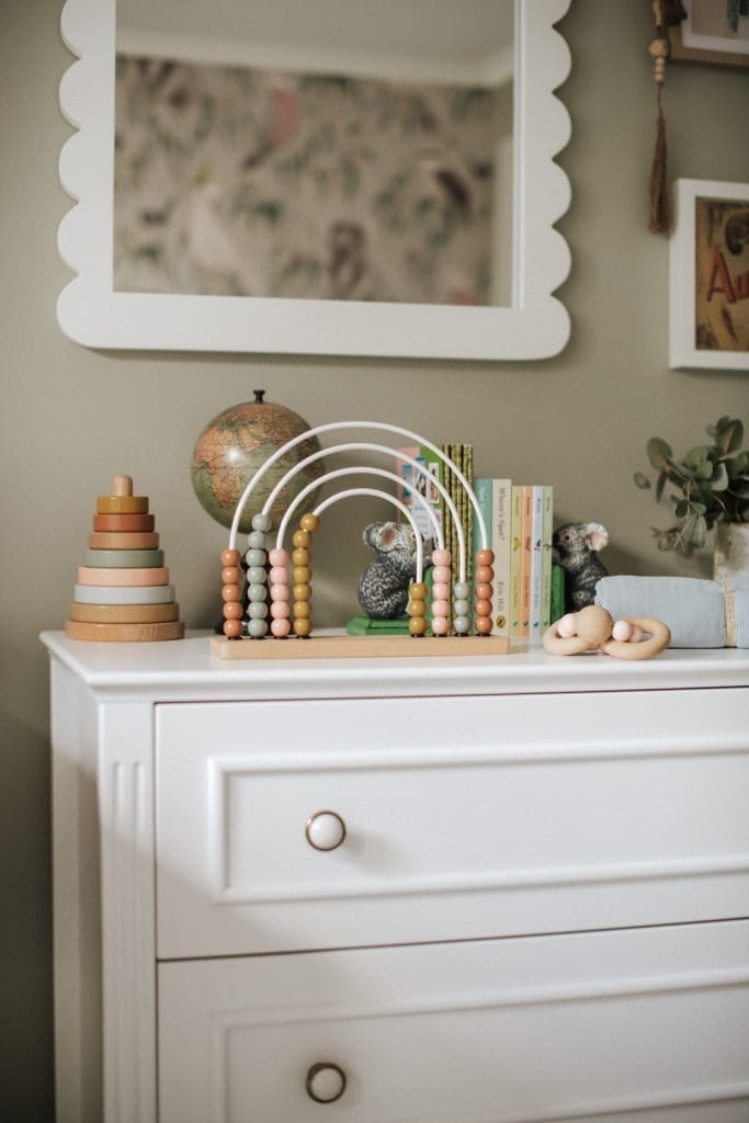 Styling a chest of drawers in baby nursery