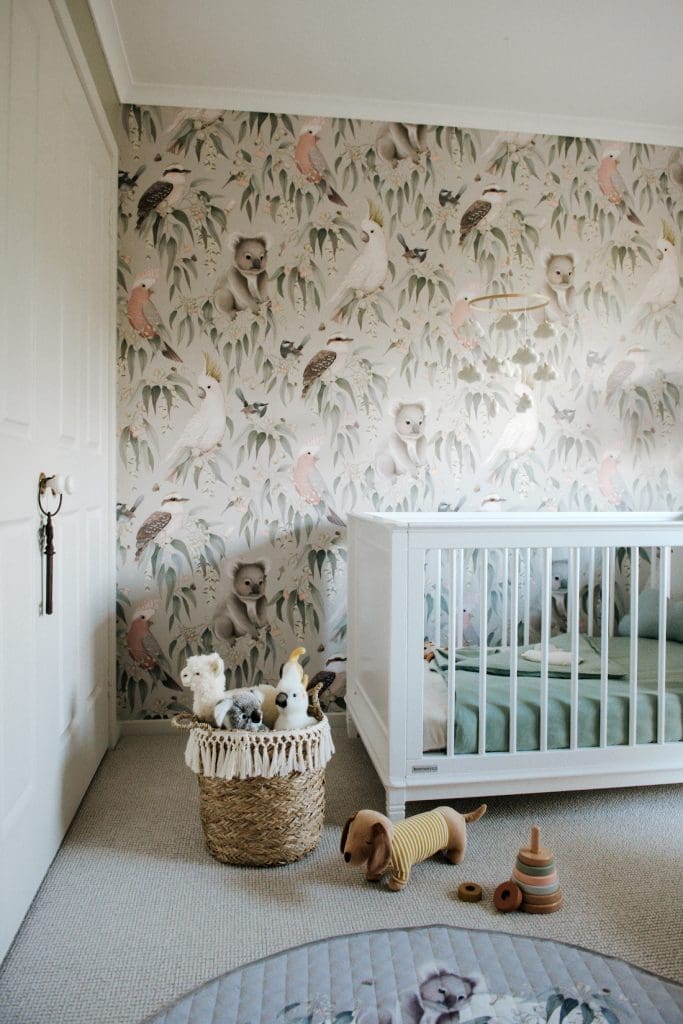 Australiana wallpaper in nursery with koalas and cockatoos