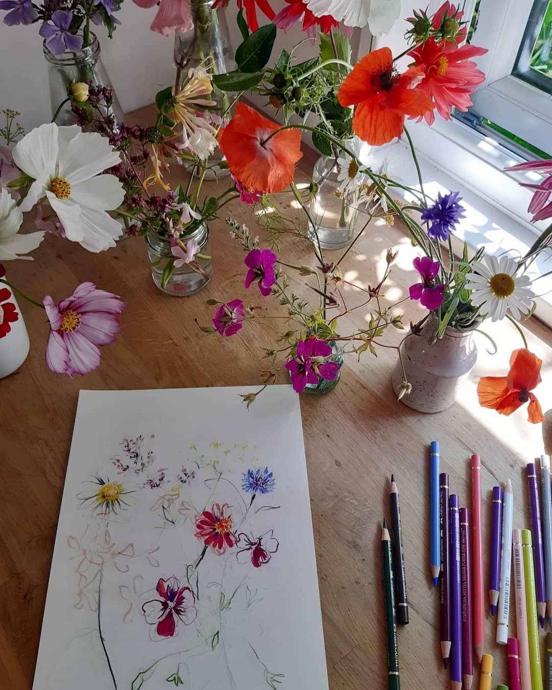 pencils and vases of flowers and illustration by Claudia Lowry