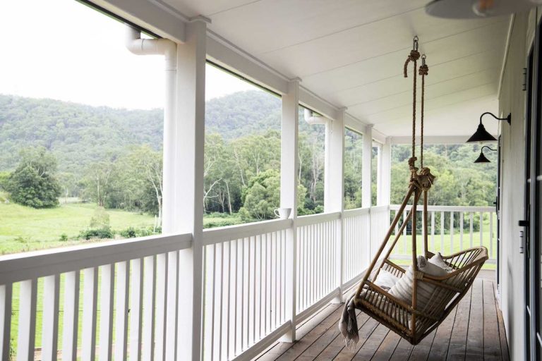 Hanging chair with view of countryside