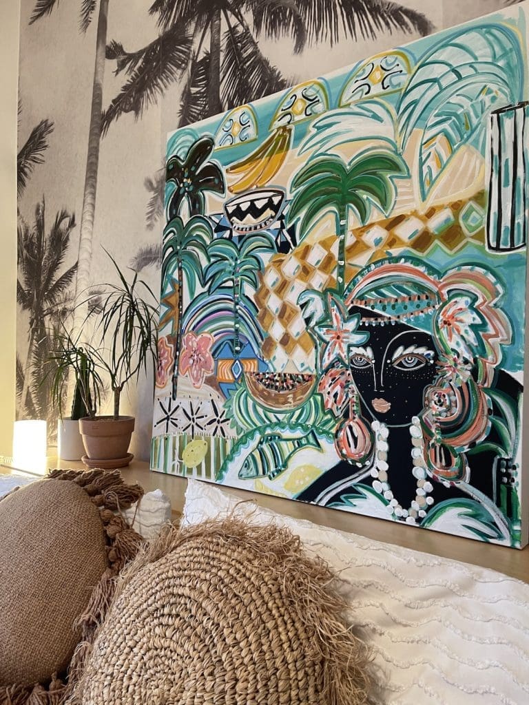 Maree Nic Art black and green artwork in boho living room