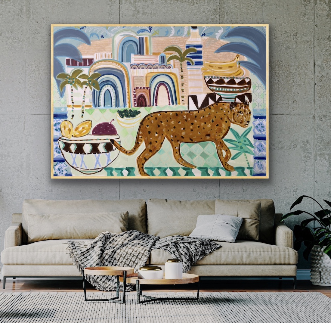 Maree Nic Art painting in living room with leopard