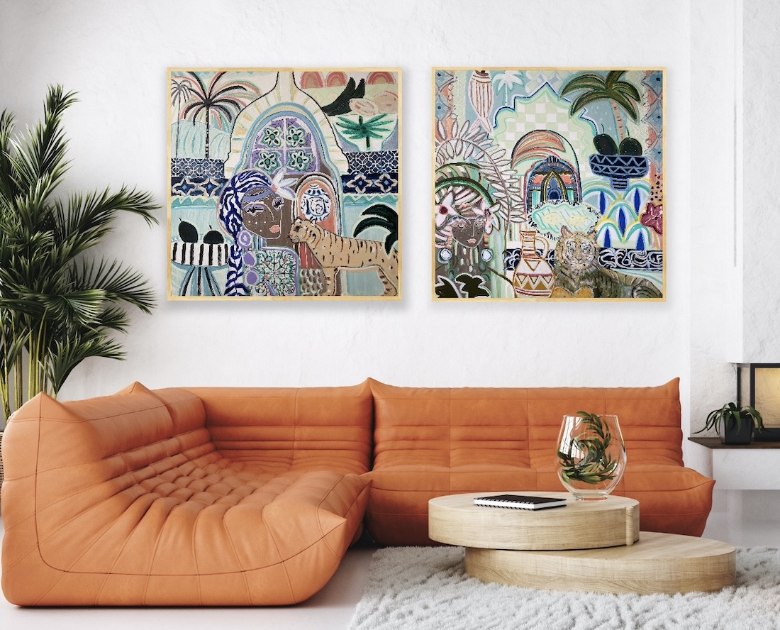 Maree Nic Art pair of paintings in living room with orange sofa