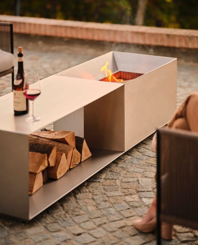 Rectangle fire pit with wine and wood stack