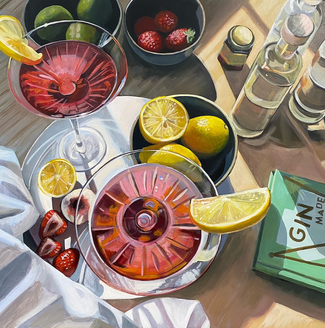 Tablescape still life of red gin cocktails by Sarah Abbott Art and Design