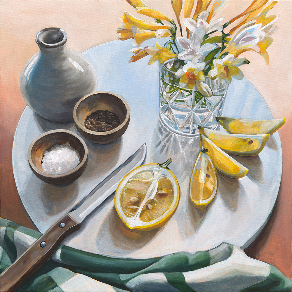 Still life vase of flowers and cut lemon segments by Sarah Abbott Art and Design