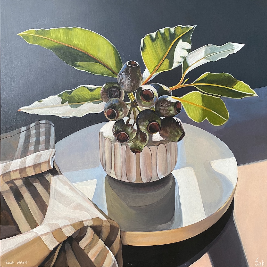 Still life painting of green gumnuts in vase by Sarah Abbott Art and Design