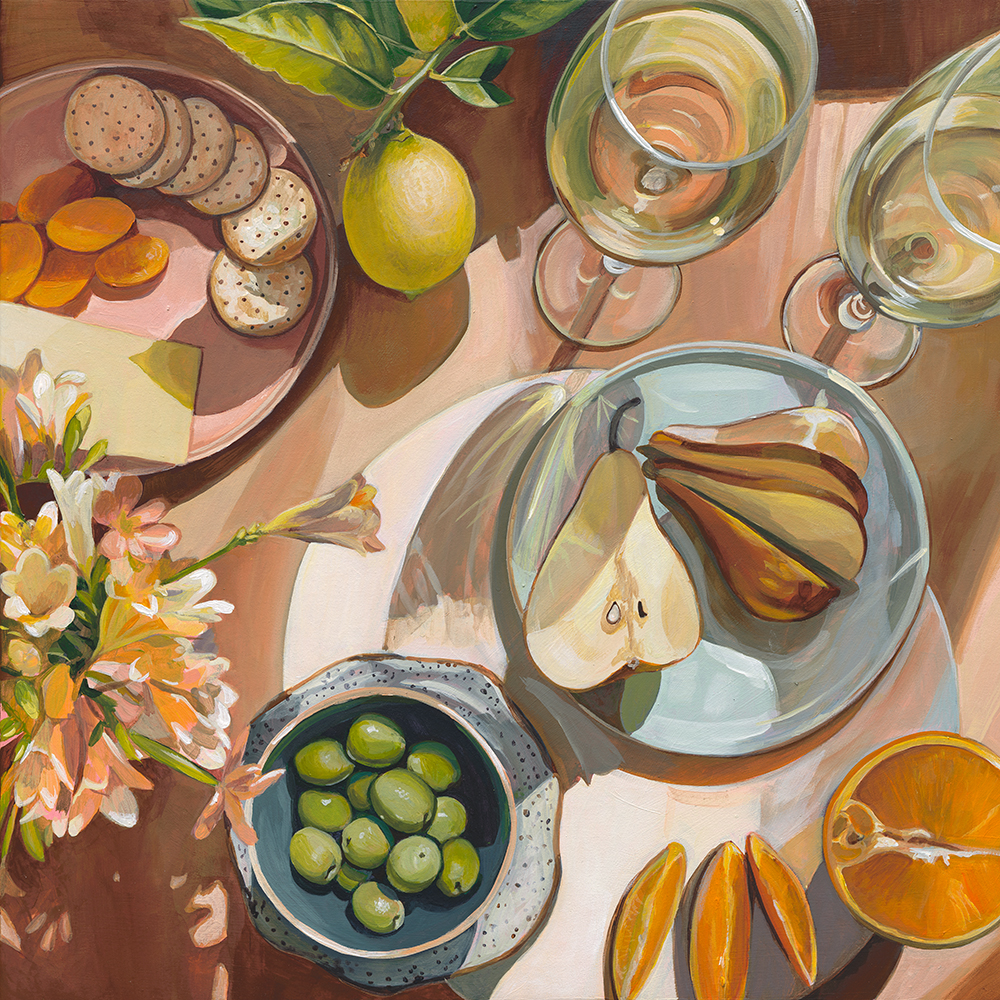 Still life table spread including pears, crackers and olives by Sarah Abbott Art and Design