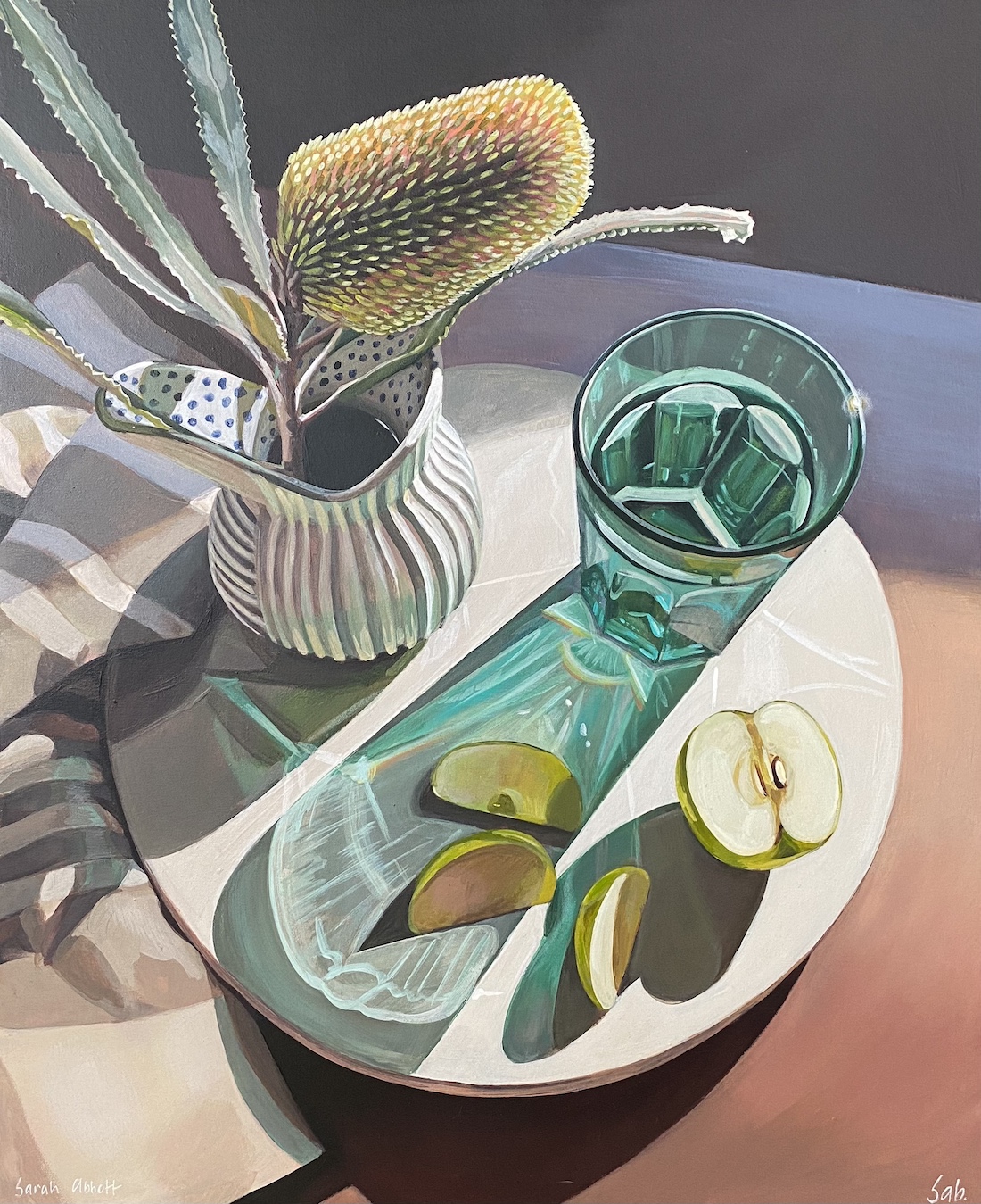 Still life painting of banskia and vase on table by Sarah Abbott Art and Design