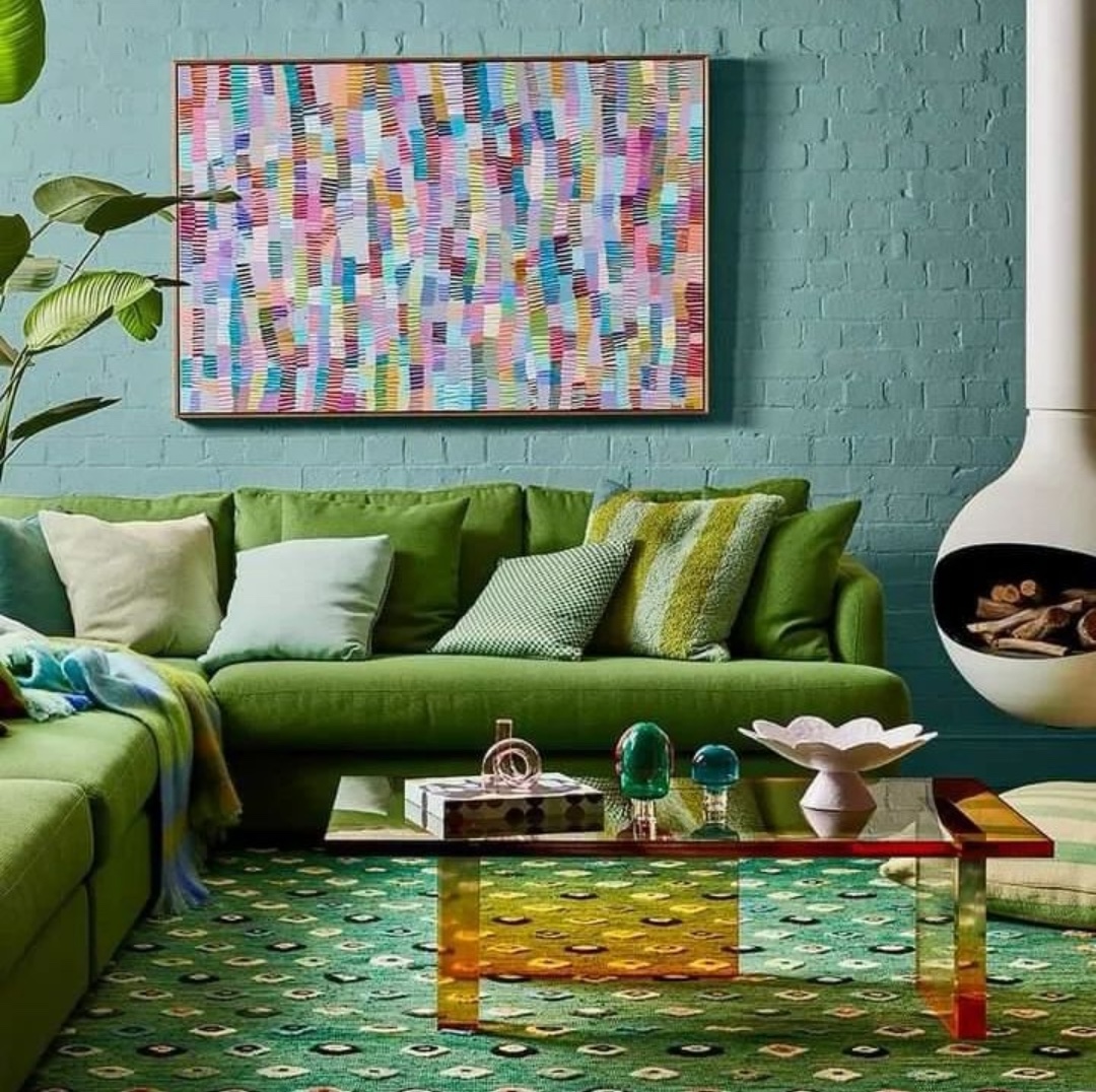 Delicate brushstroke artwork by Sheree Smith Art - situated in green living room