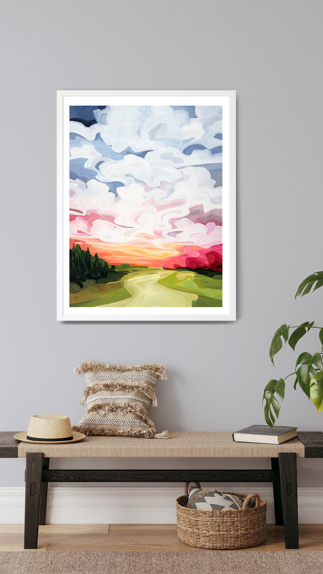 Green landscape painting with red and blue clouded skies from Susannah Bee Art