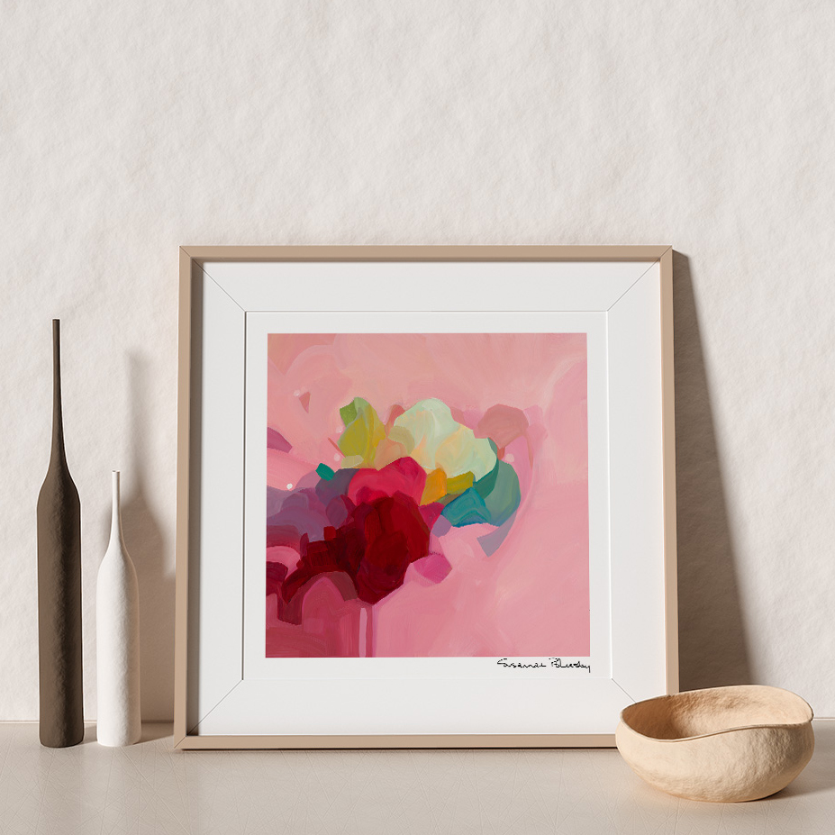 Abstract art called Rose in frame propped against wall from Susannah Bee Art