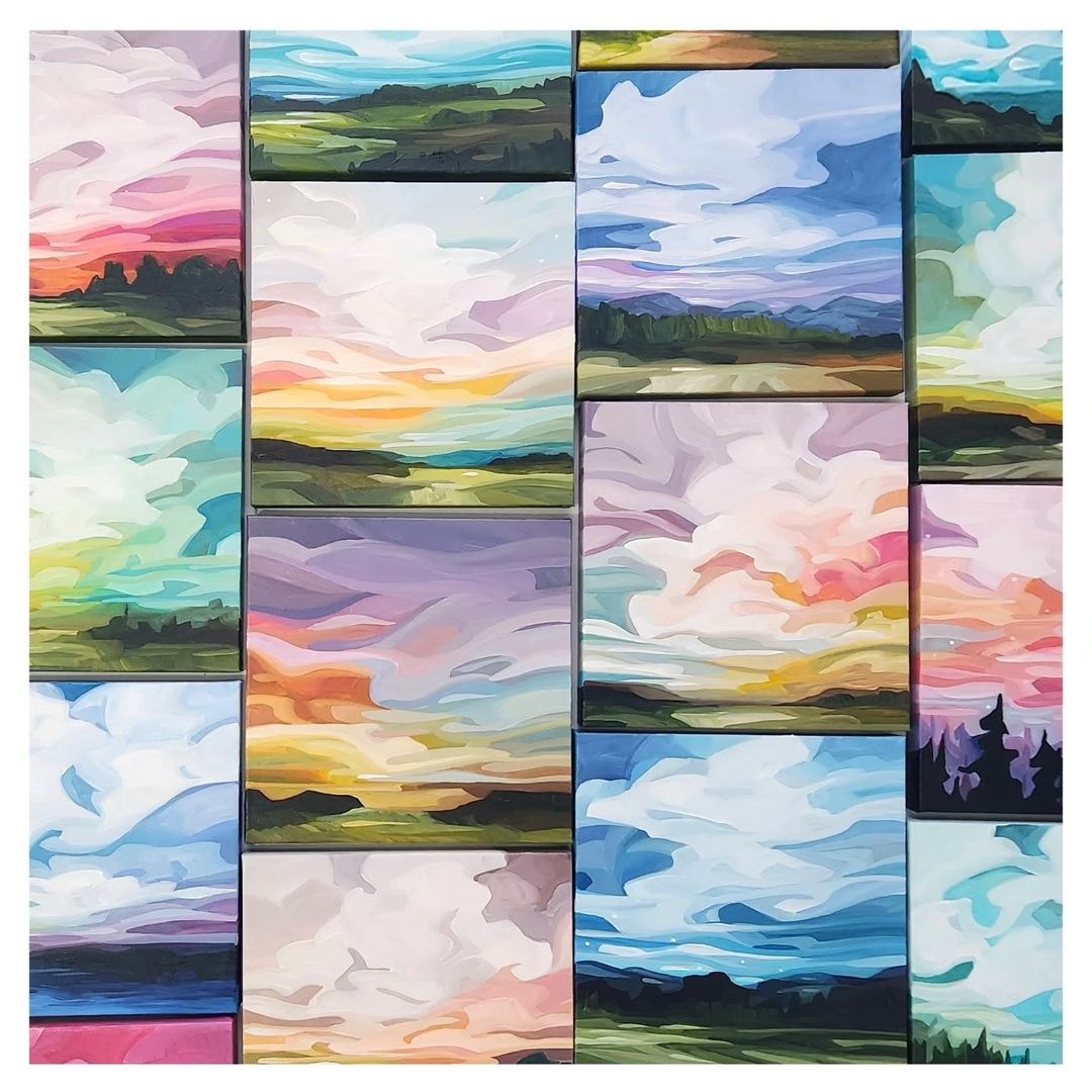 Lots of different colourful cloudy sky artworks by Susannah Bee Art