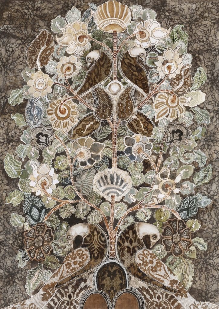 Intricate botanical artwork with birds