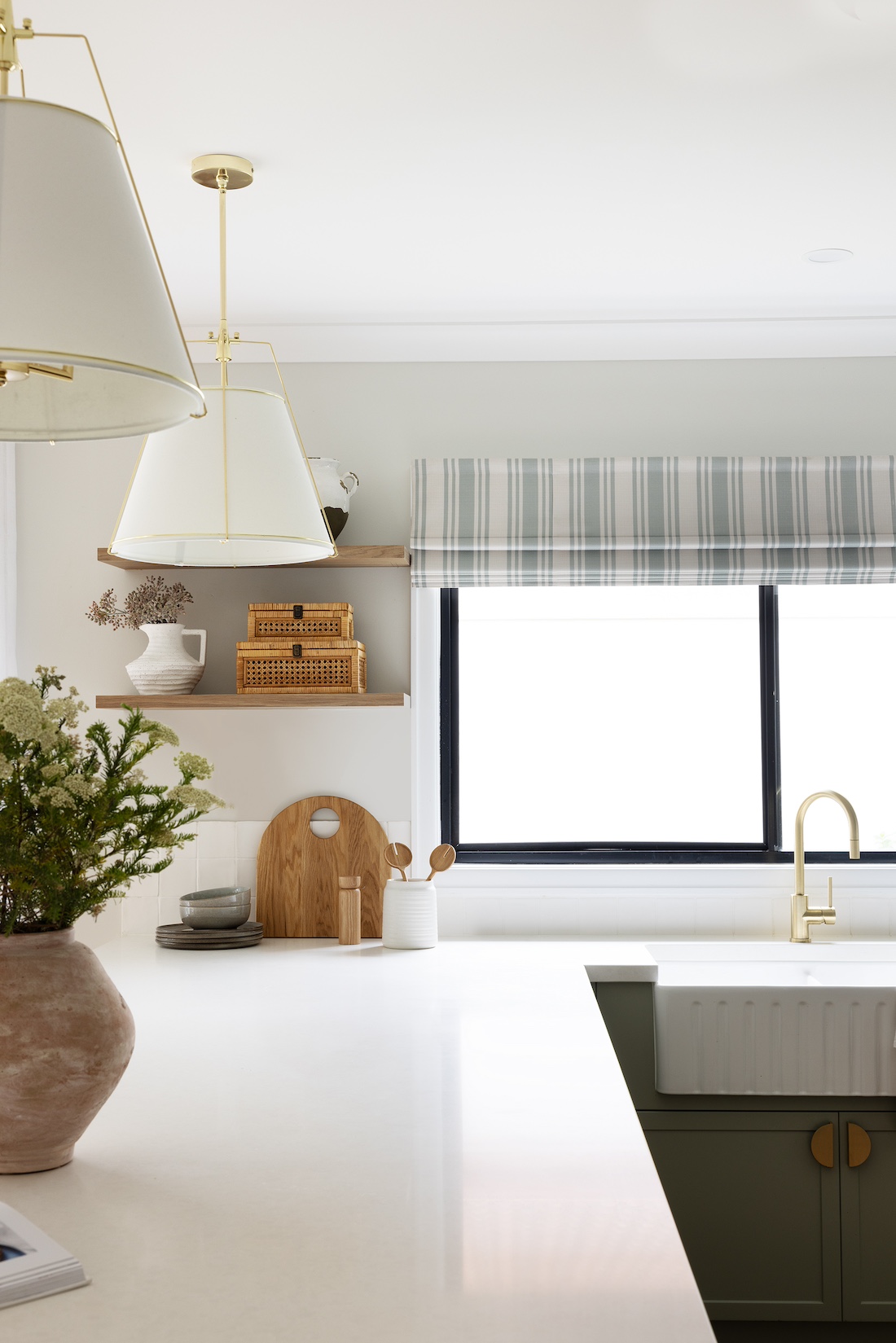 Striped blind in modern farmhouse kitchen