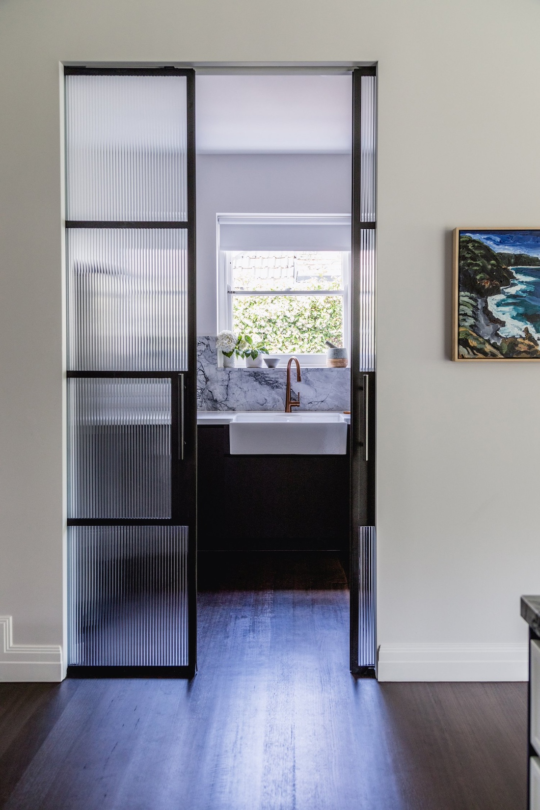 Reeded glass door into butlers pantry of Wattle Valley Road by Picchio Interiors