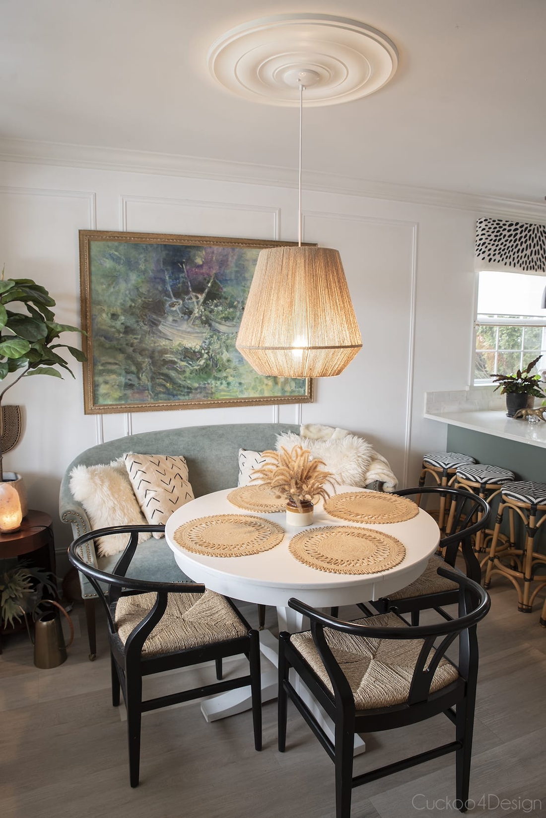 DIY jute pendant light over round dining table