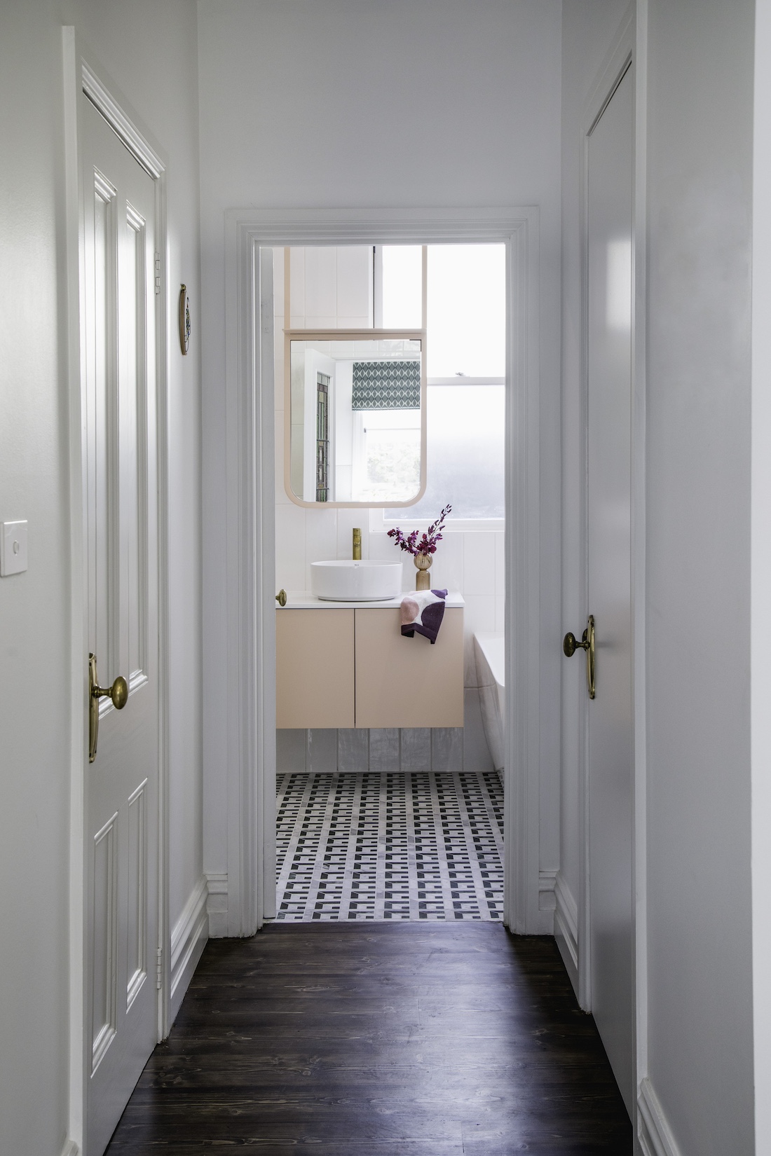 Carnegie Cottage patterned tiled bathroom floor eclectic design accents