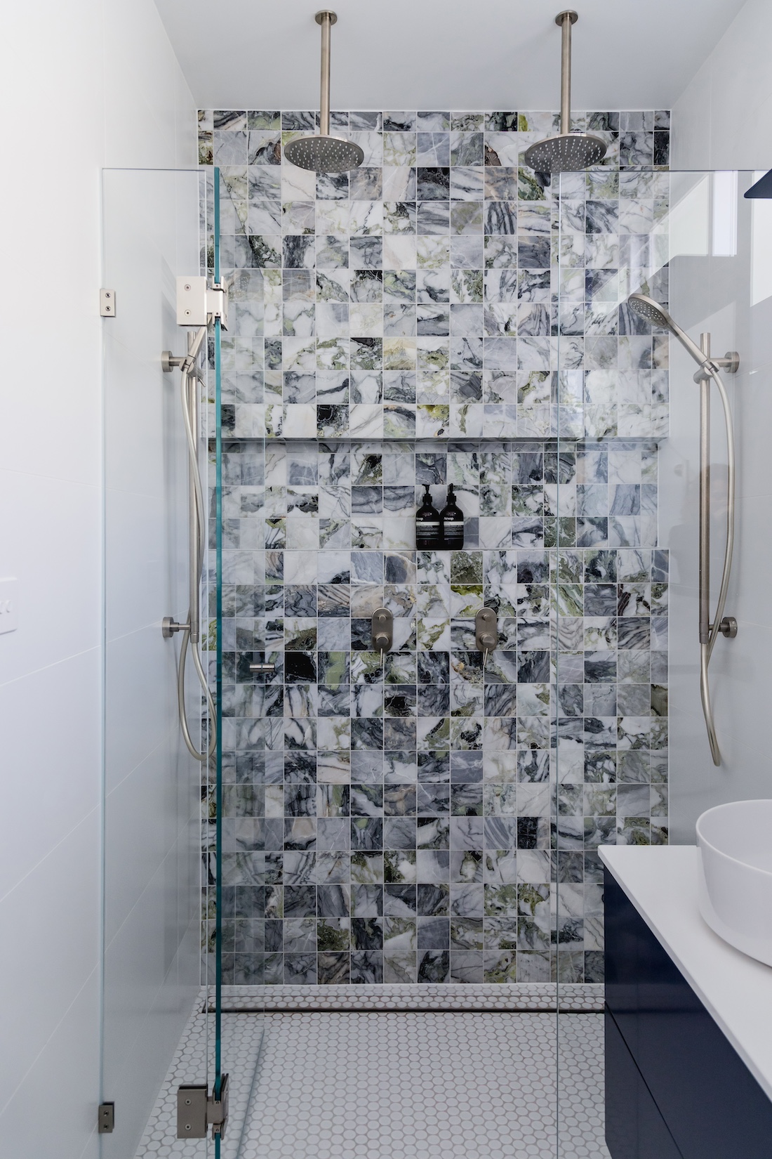 Carnegie Cottage marble square mosaic tiled shower