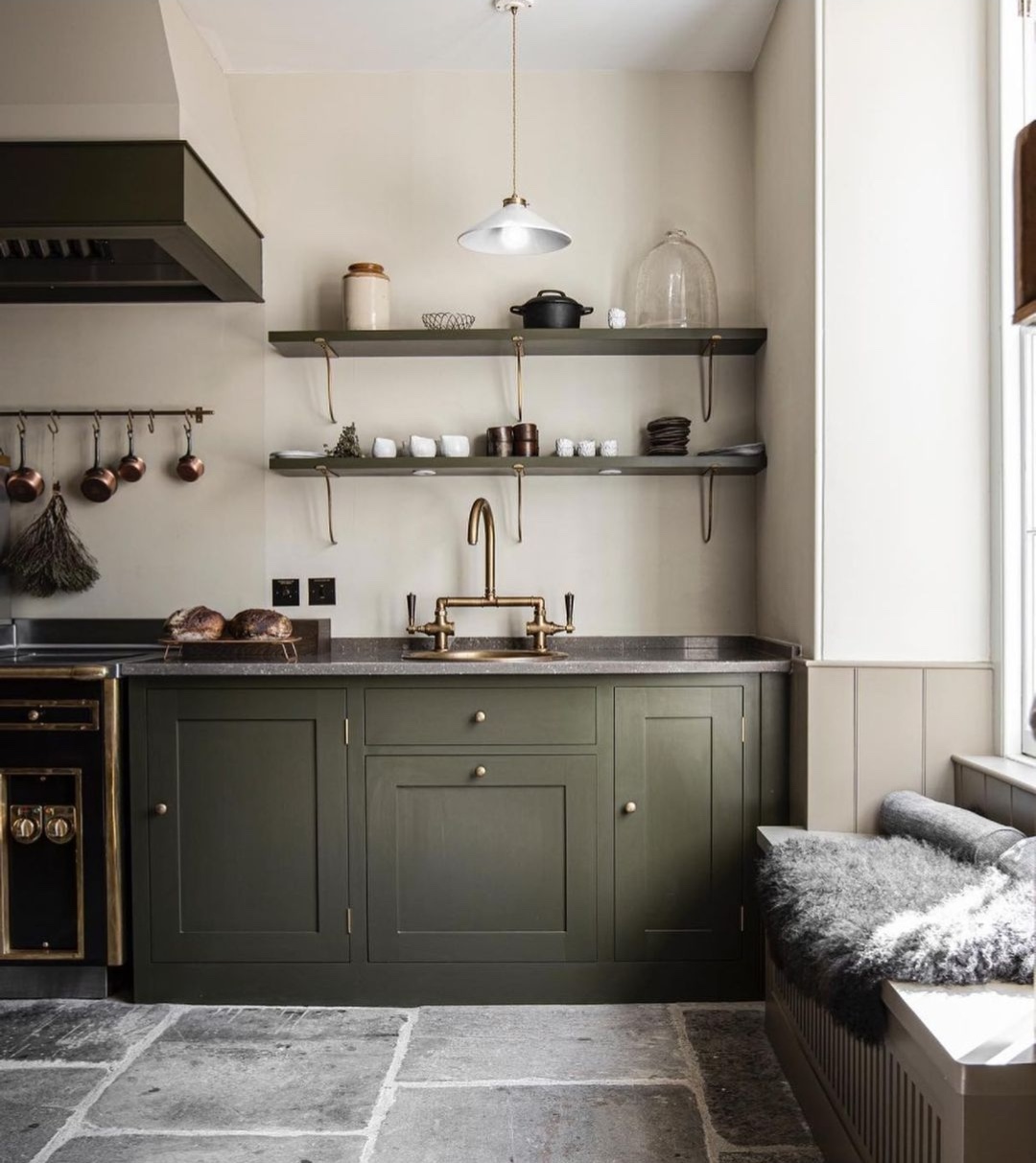 Dark green English style kitchen