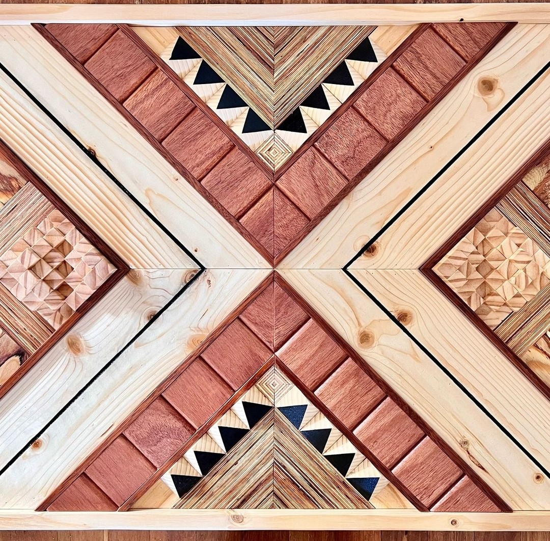 Studio Sarai close up of X timber mosaic art