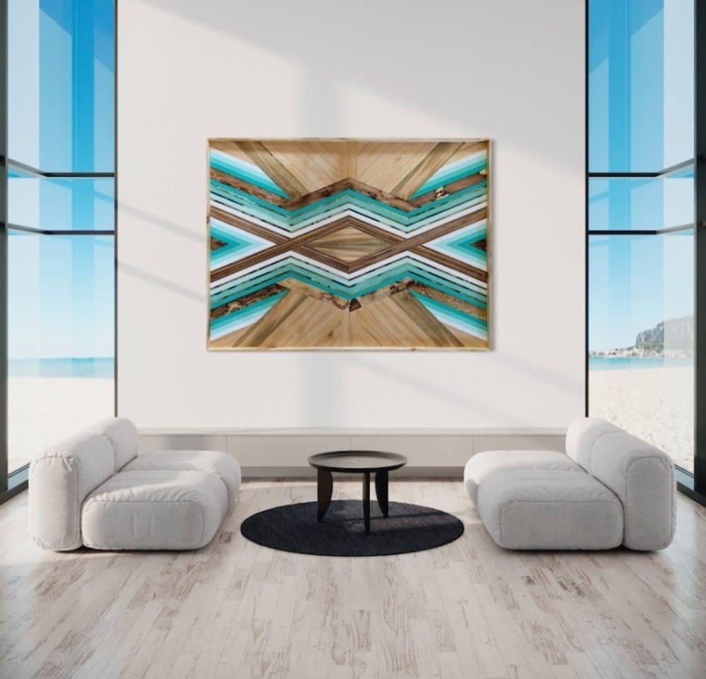 Blue and timber wall art for contemporary coastal home