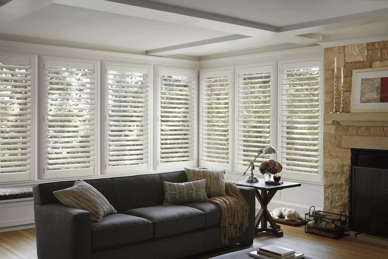 White plantation shutters in living room