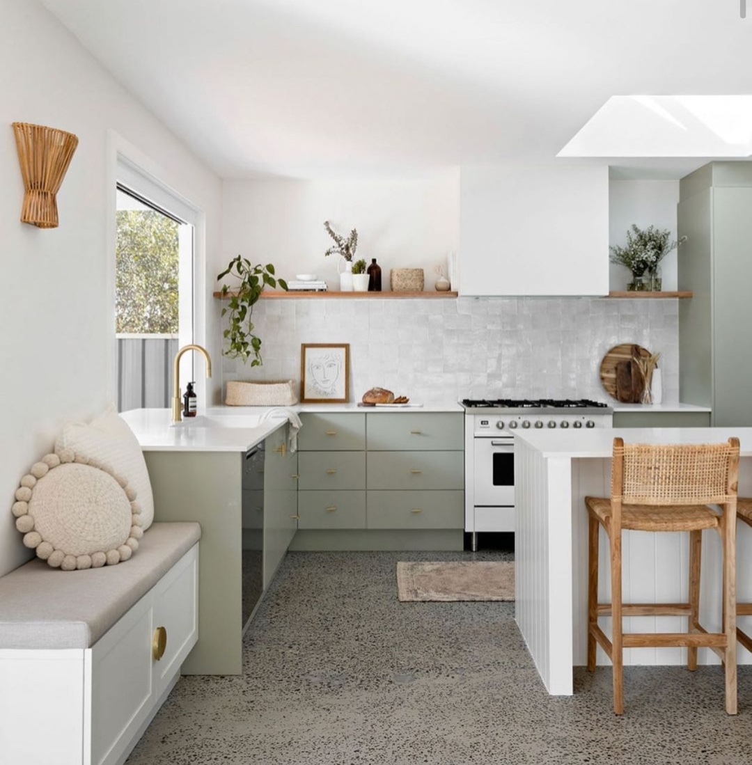 Pale green kitchen cabinetry