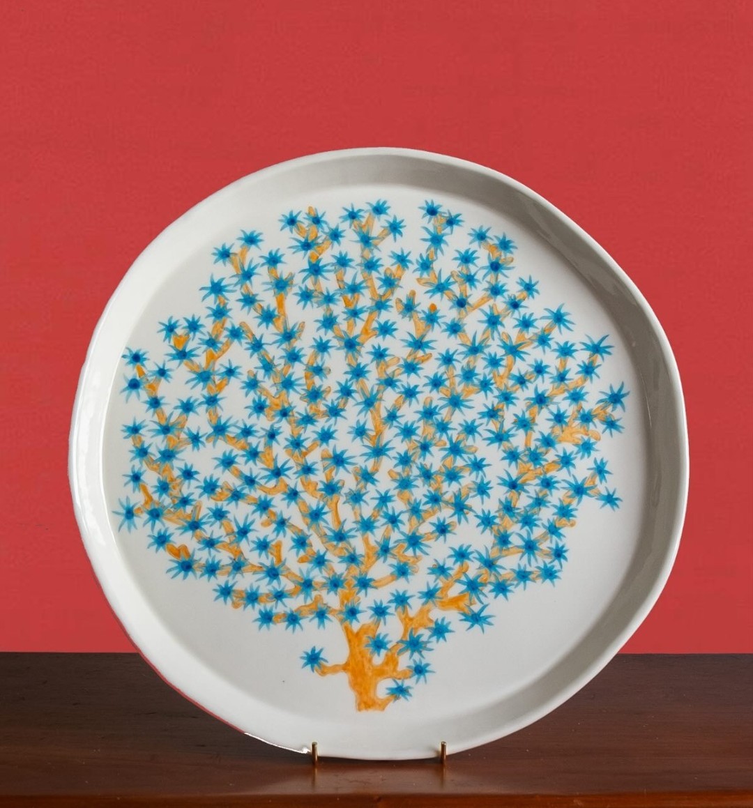 Blue and orange coral platter by Casa Adams Fine Wares